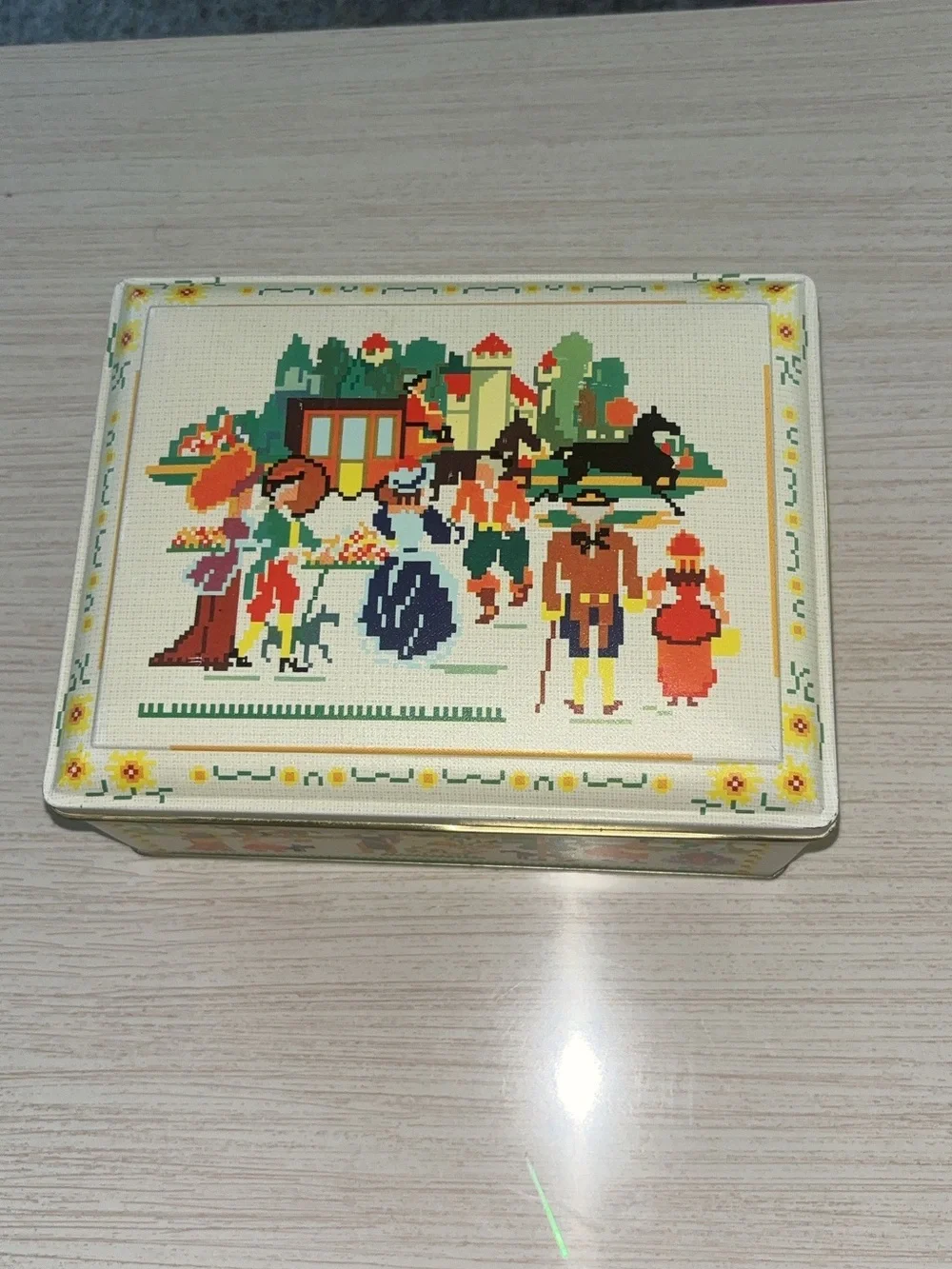 Vintage Illustrated Metal Storage Tin in Cream and Multicolor